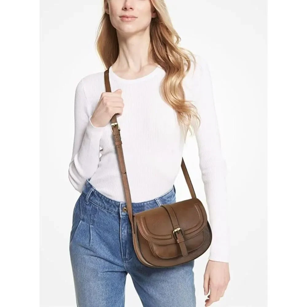Women Dark Brown Imported Vegan Leather Small Saddle Crossbody Bags - Picture 2 of 4